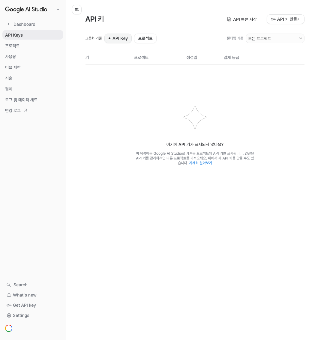 Google AI Studio API 키 페이지